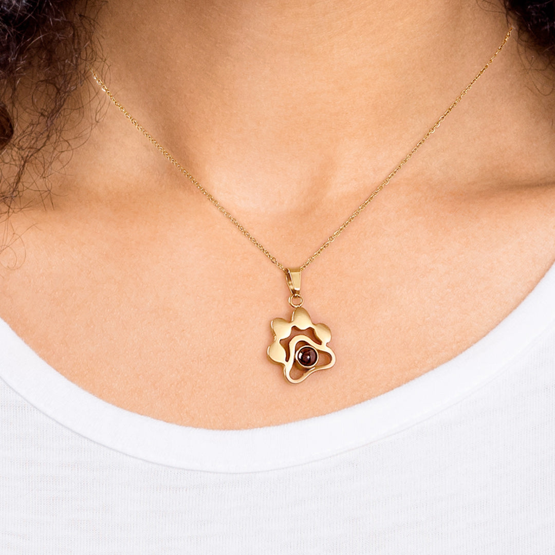 Personalized Pet Photo Necklace in gold tone, worn on a model
