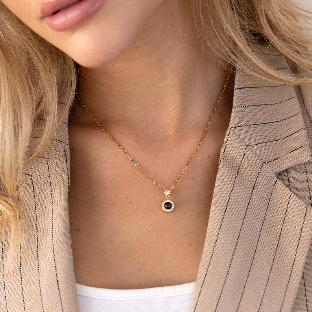 Petite Halo Photo Necklace, worn on a model