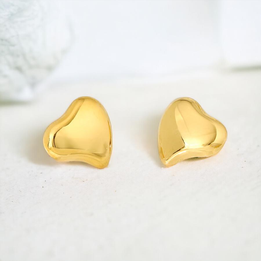 Polished Sculptural Heart Earrings in gold tone