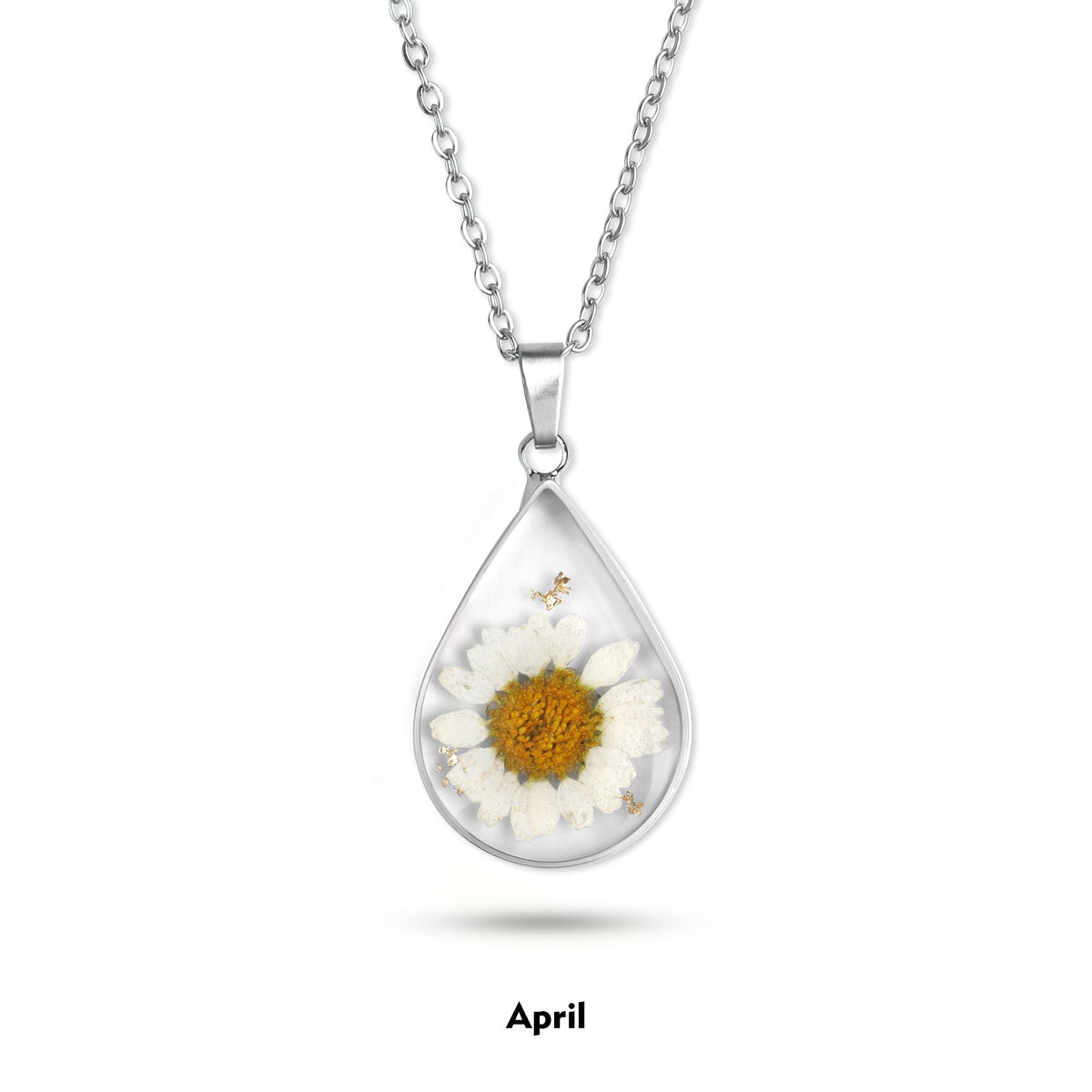 Pressed Birth Flower Droplet Necklace with April birthstone