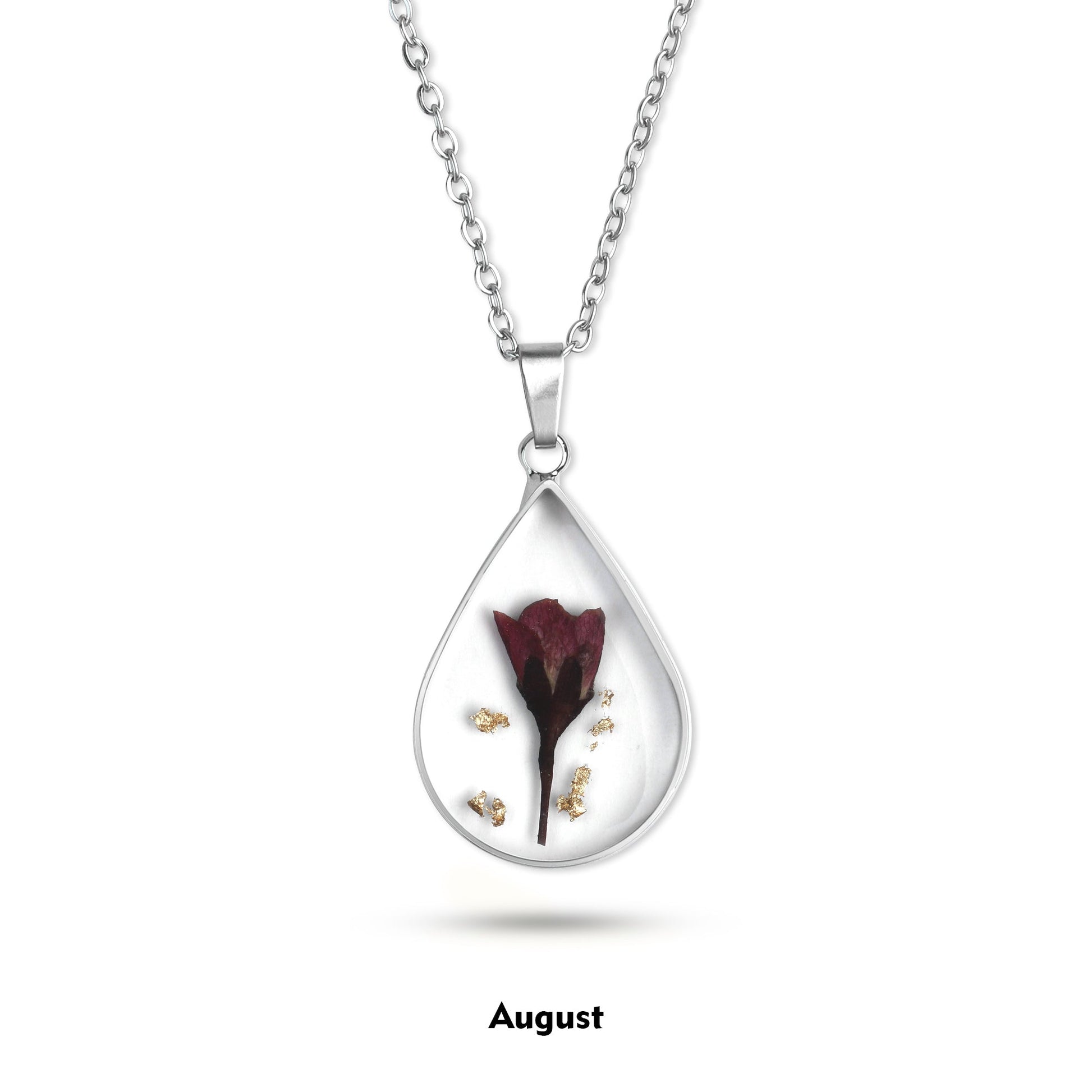 Pressed Birth Flower Droplet Necklace with August birthstone
