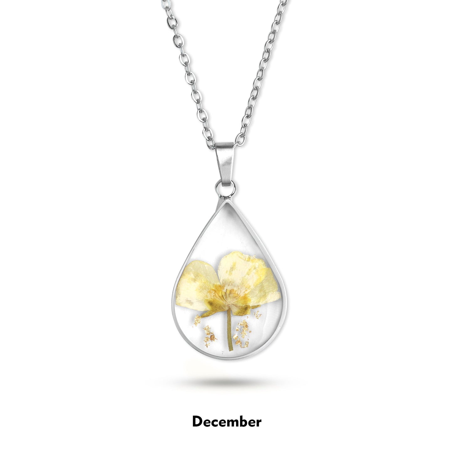 Pressed Birth Flower Droplet Necklace with December birthstone