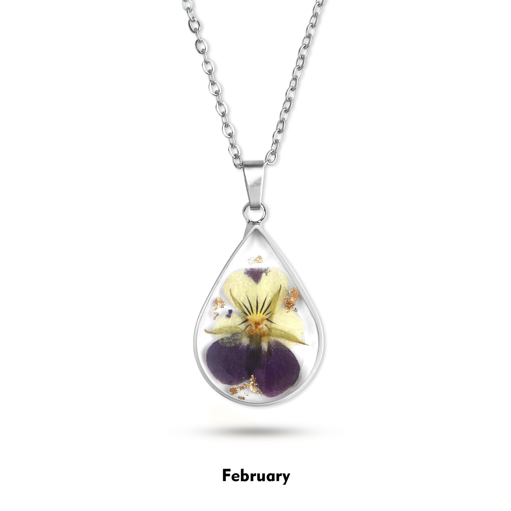 Pressed Birth Flower Droplet Necklace with February birthstone