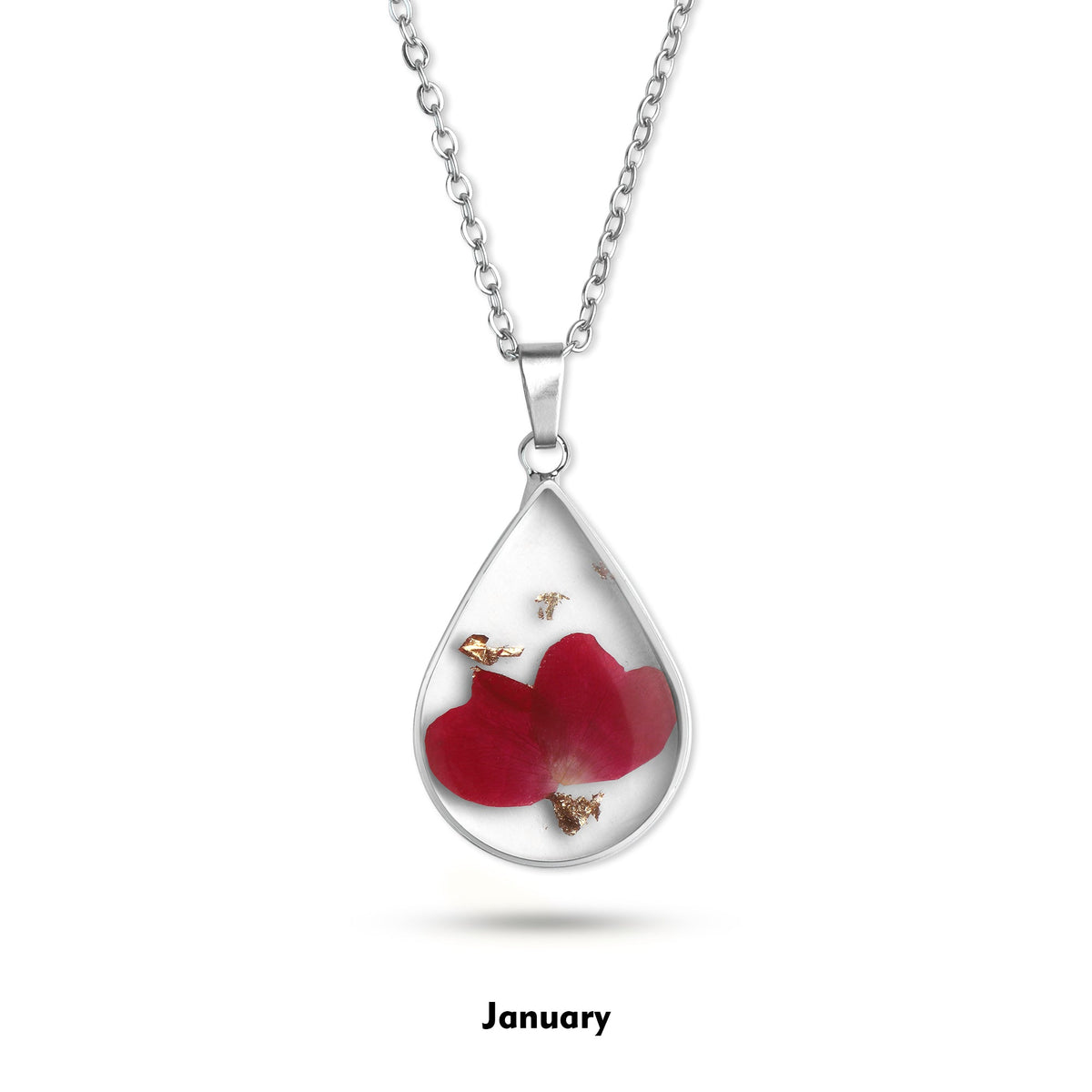 Pressed Birth Flower Droplet Necklace with January birthstone