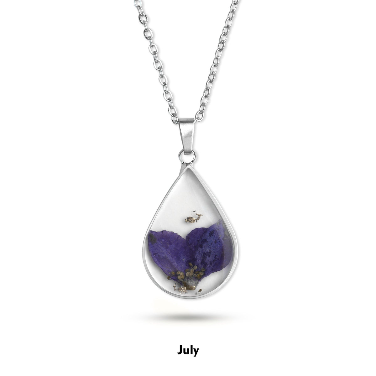Pressed Birth Flower Droplet Necklace with July birthstone