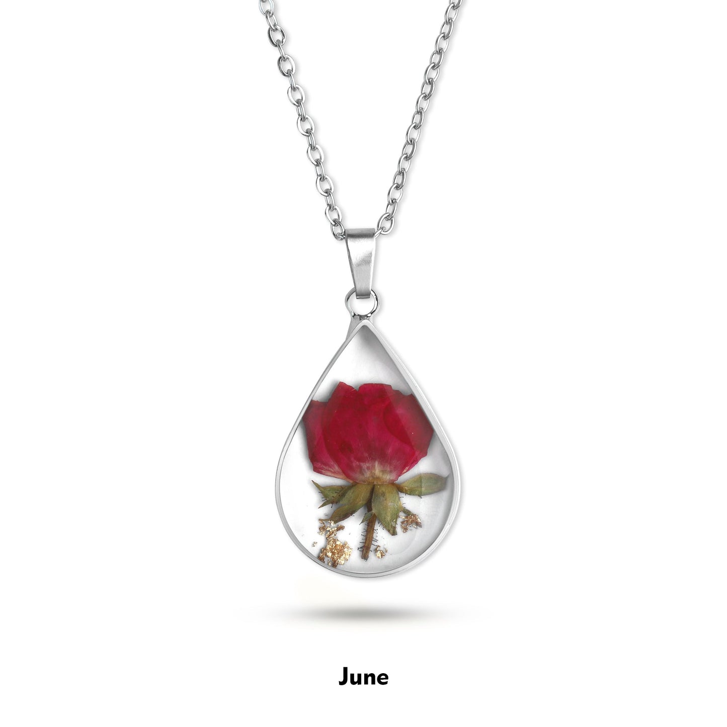 Pressed Birth Flower Droplet Necklace with June birthstone