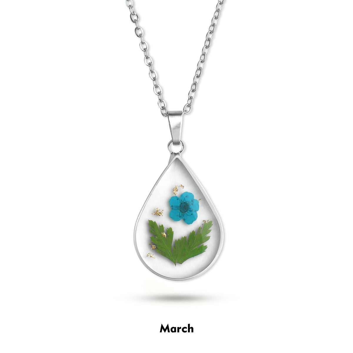 Pressed Birth Flower Droplet Necklace with March birthstone