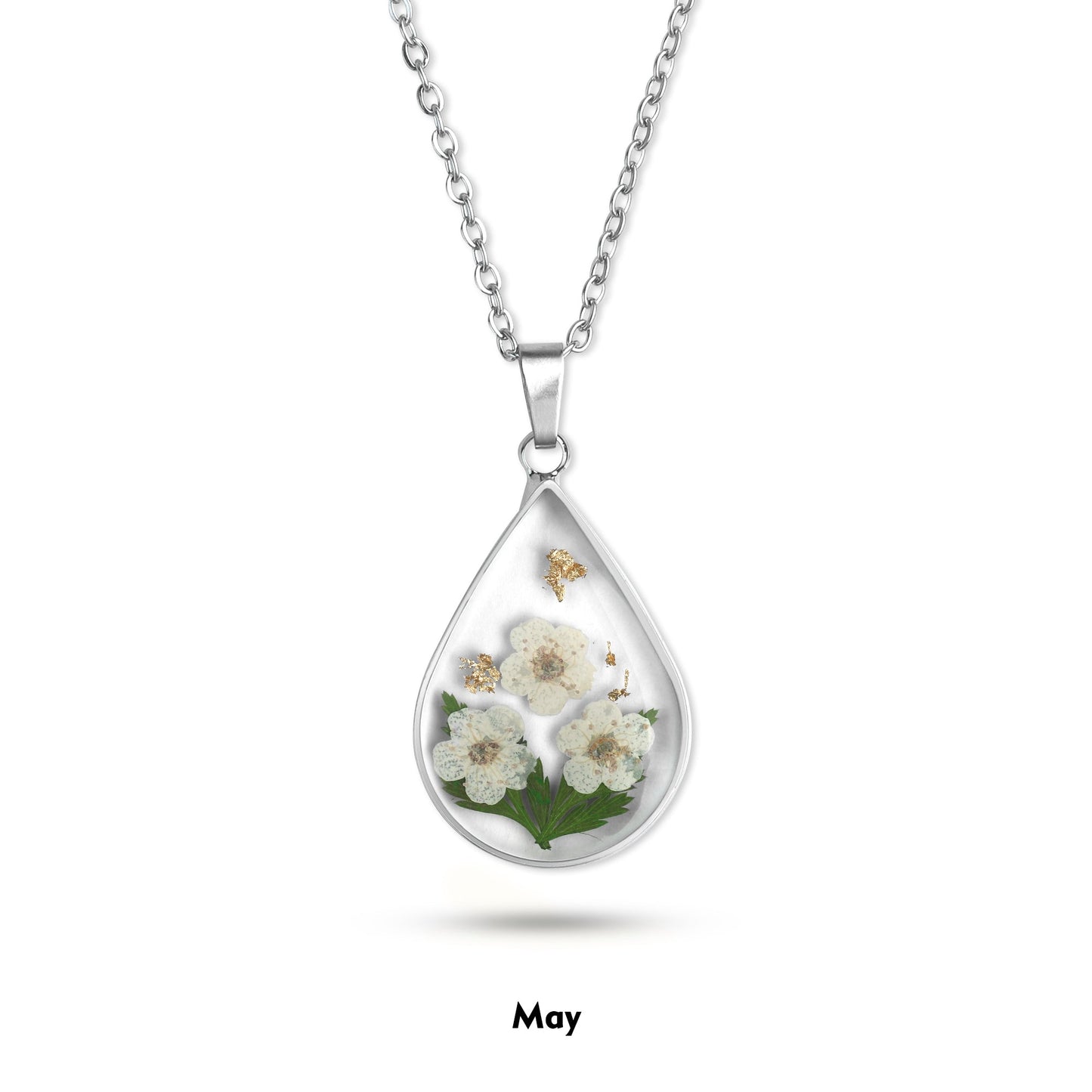 Pressed Birth Flower Droplet Necklace with May birthstone