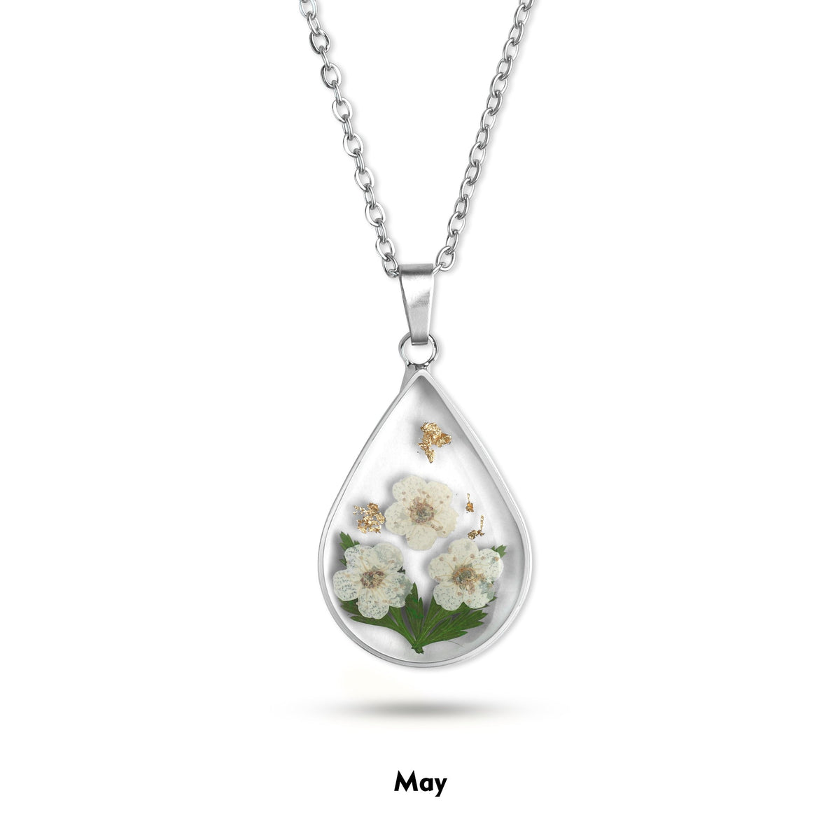 Pressed Birth Flower Droplet Necklace with May birthstone
