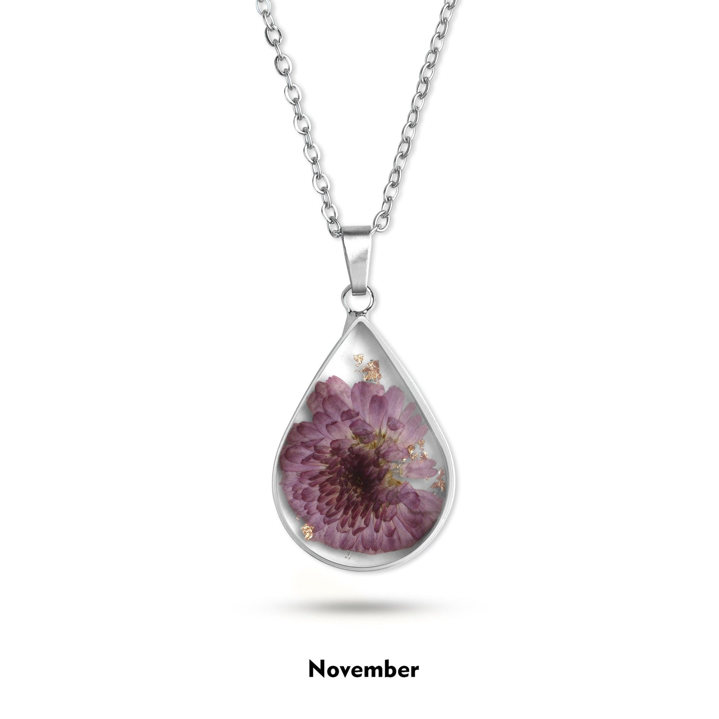 Pressed Birth Flower Droplet Necklace with November birthstone