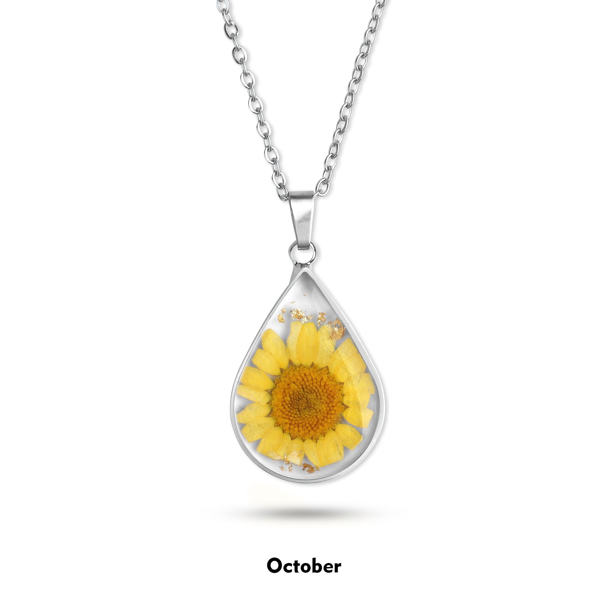 Pressed Birth Flower Droplet Necklace with October birthstone