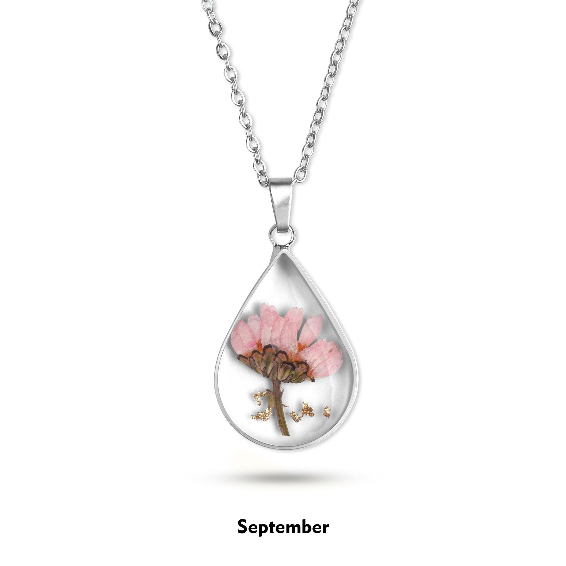 Pressed Birth Flower Droplet Necklace with September birthstone