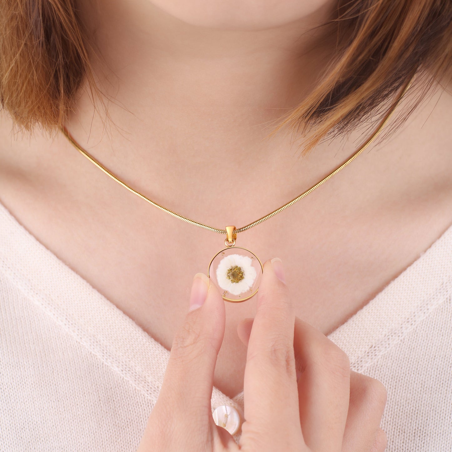 Pressed Birth Flower Necklace in gold tone with April birthstone