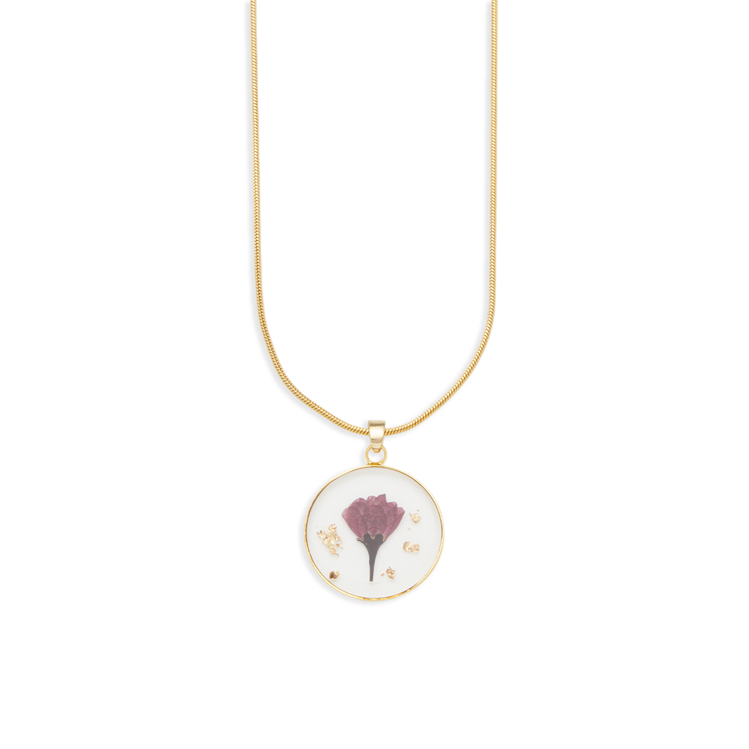 Pressed Birth Flower Necklace in gold tone with August birthstone