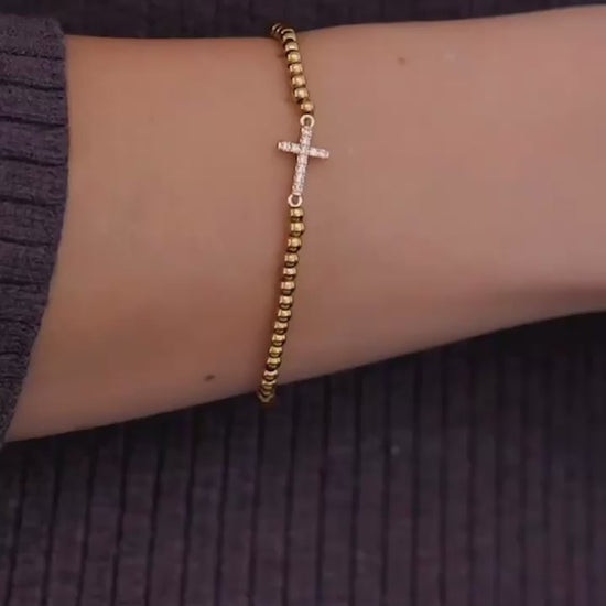 Gold Beaded Cross Stretch Bracelet