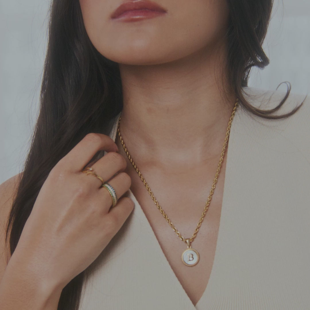Mother of Pearl Disc Letter Necklace with Rope Chain