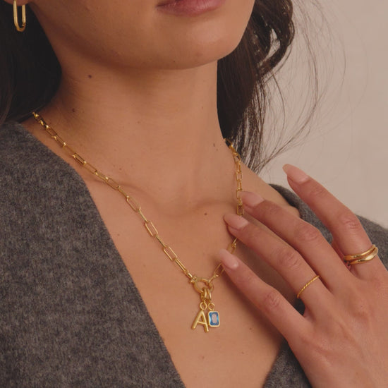 Mint Paperclip Necklace with Initial & Birthstone Charm