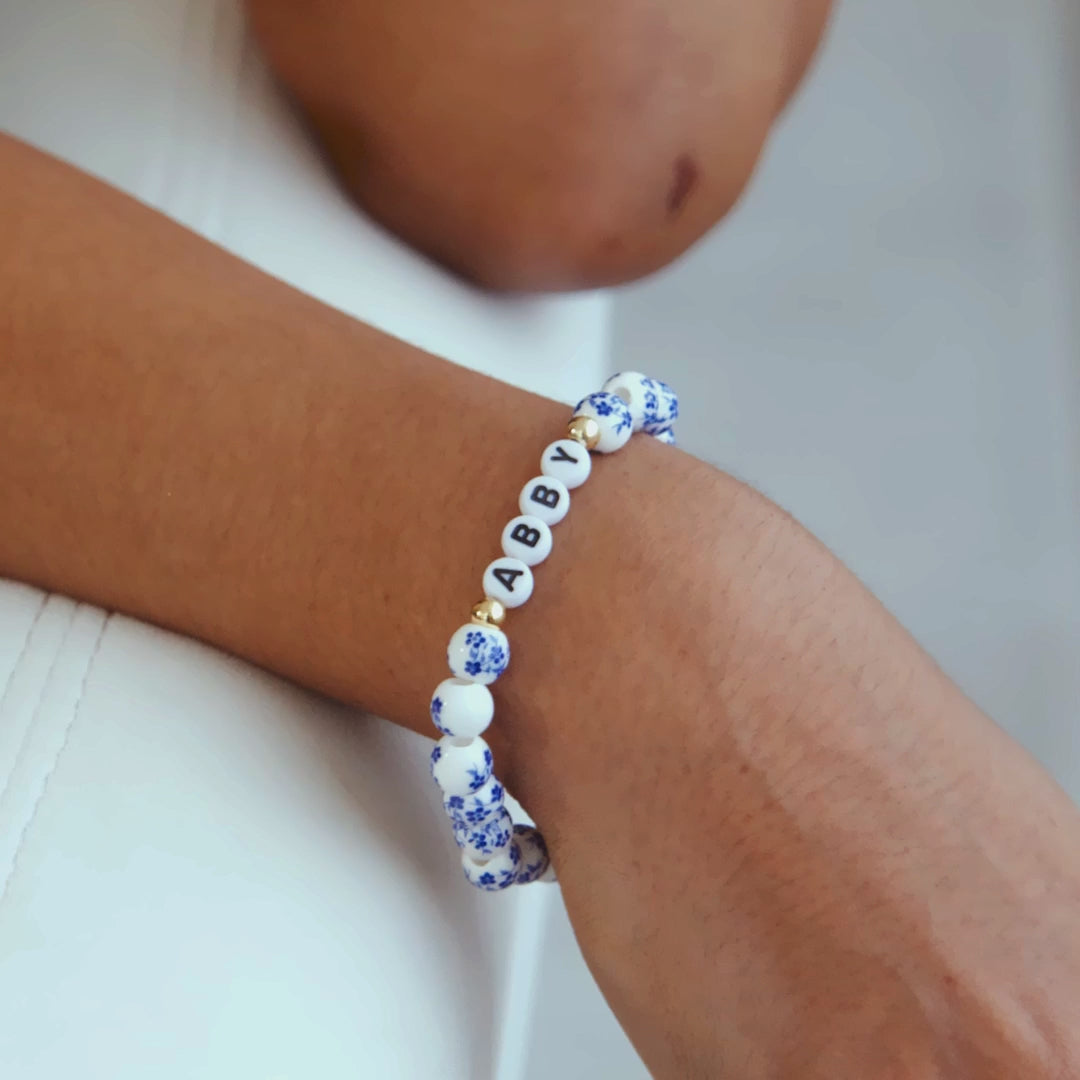 Blue Porcelain Floral Beaded Bracelet for Mom & Grandma
