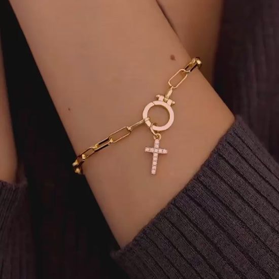 Mint Paperclip Bracelet with Pave Cross Charm