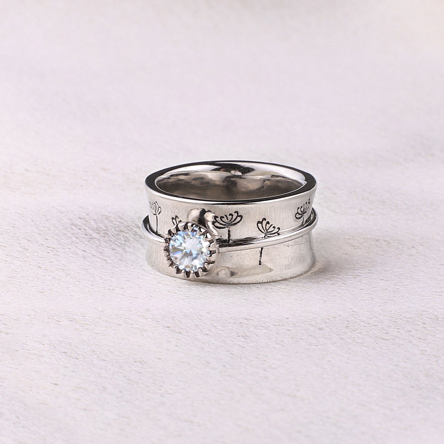 Silver Dandelion Birthstone Spinning Fidget Ring with April birthstone