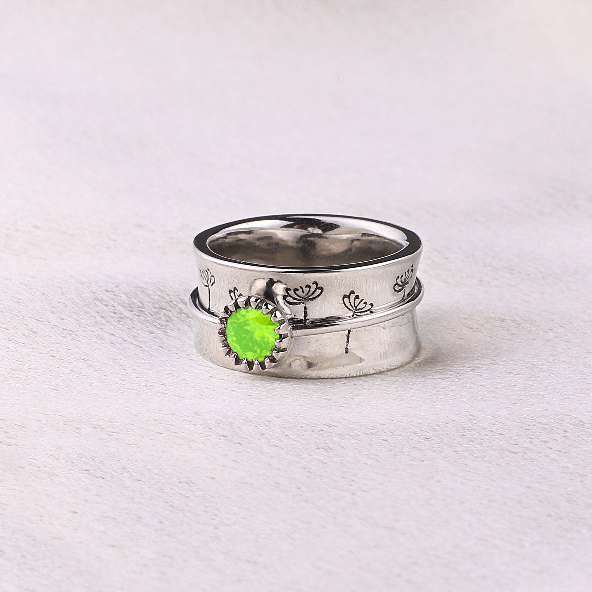 Silver Dandelion Birthstone Spinning Fidget Ring with August birthstone