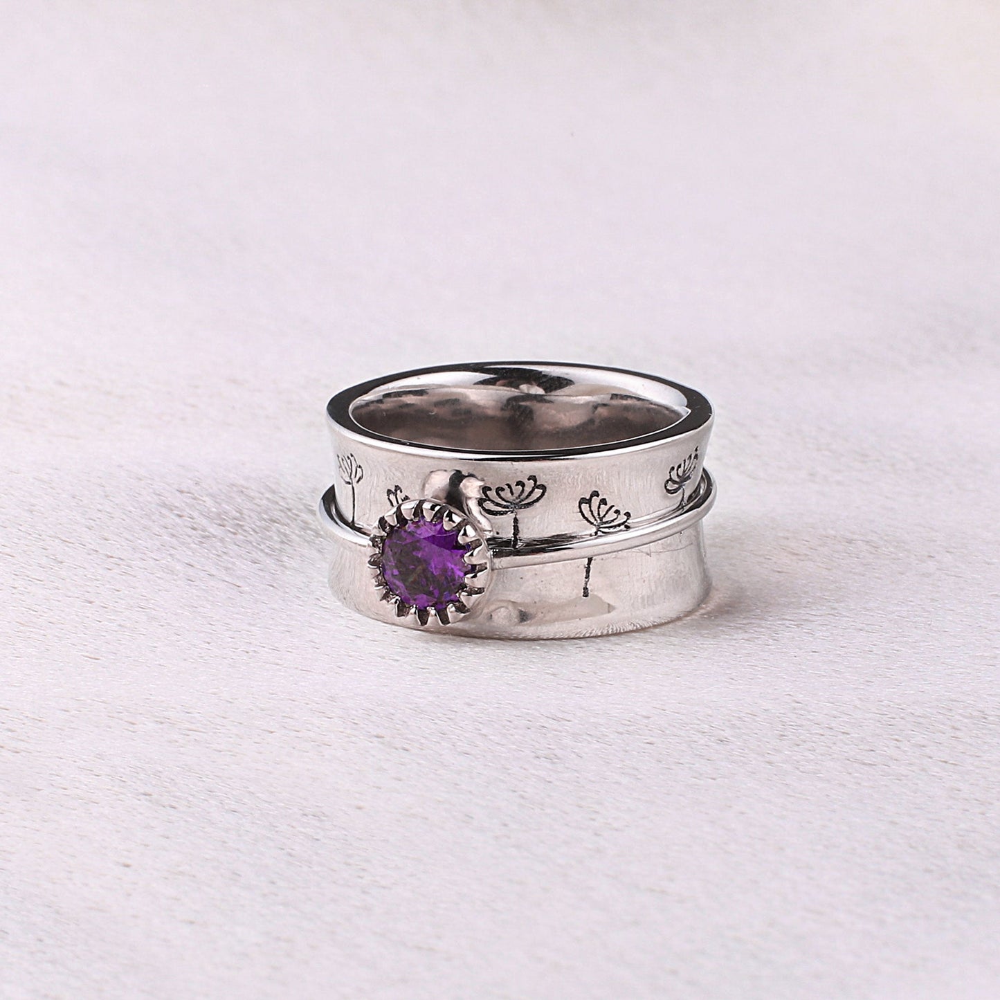 Silver Dandelion Birthstone Spinning Fidget Ring with February birthstone