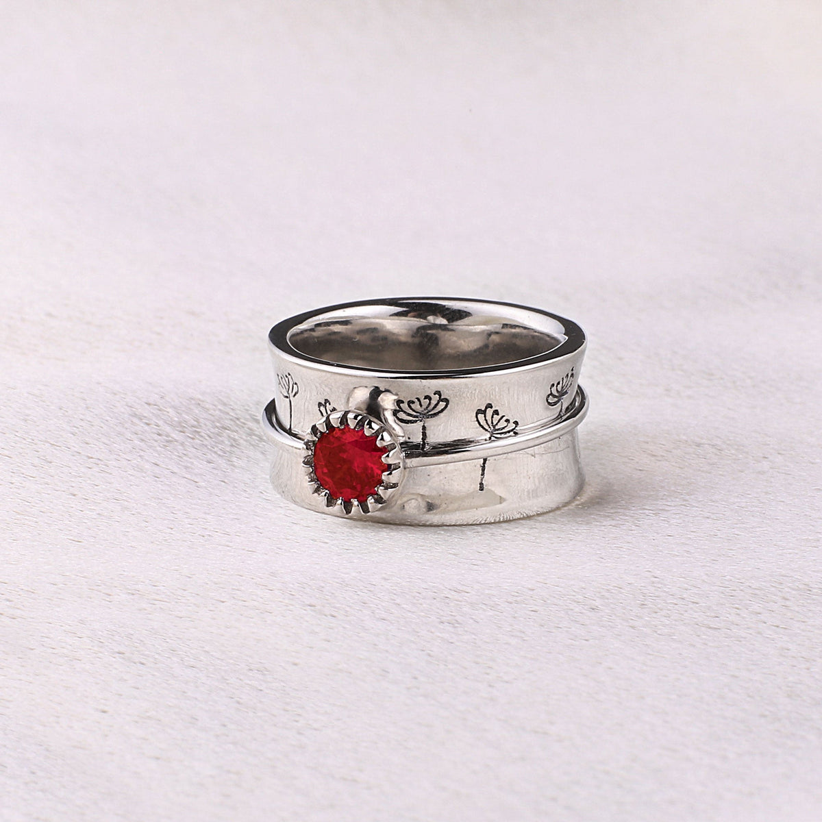 Silver Dandelion Birthstone Spinning Fidget Ring with January birthstone