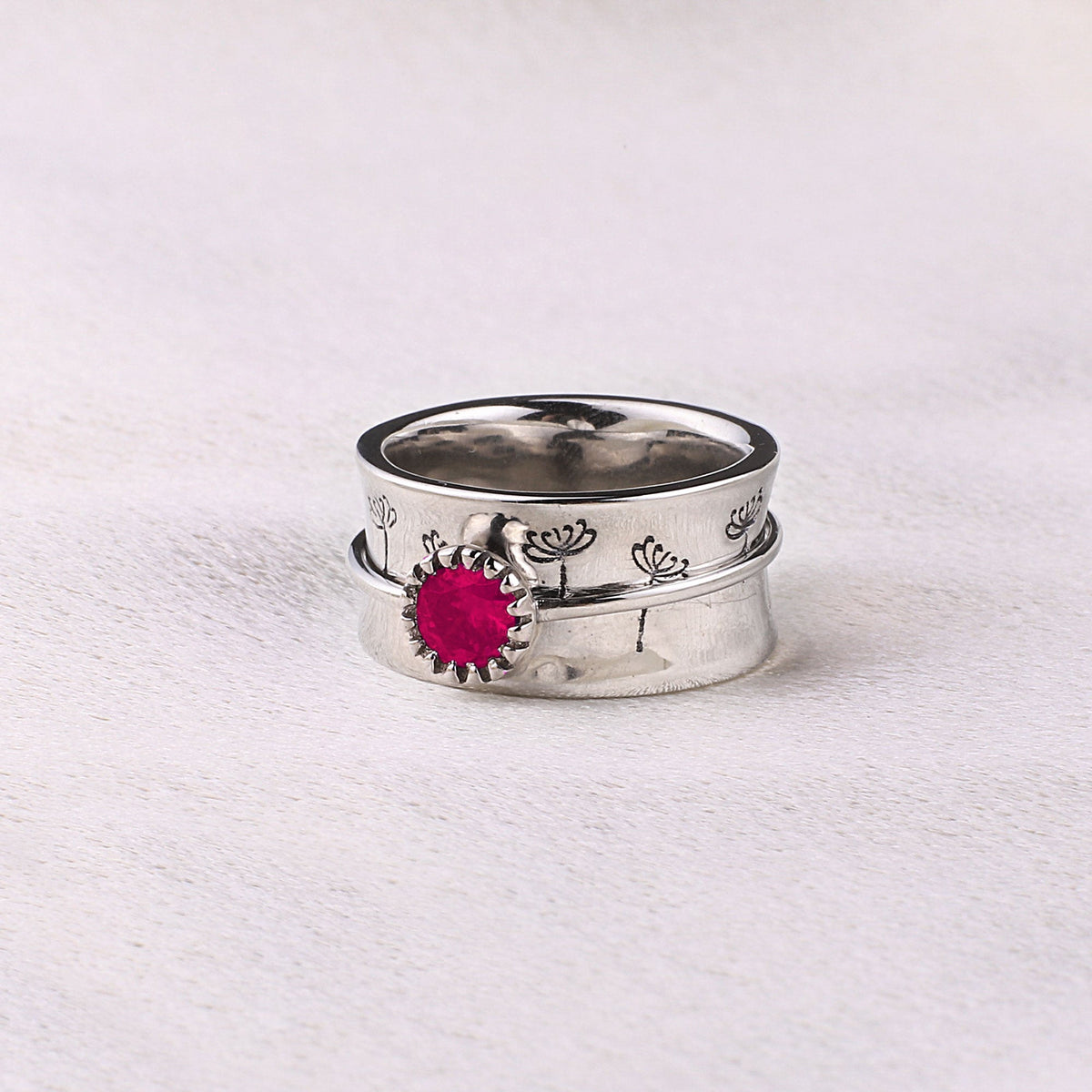 Silver Dandelion Birthstone Spinning Fidget Ring with July birthstone