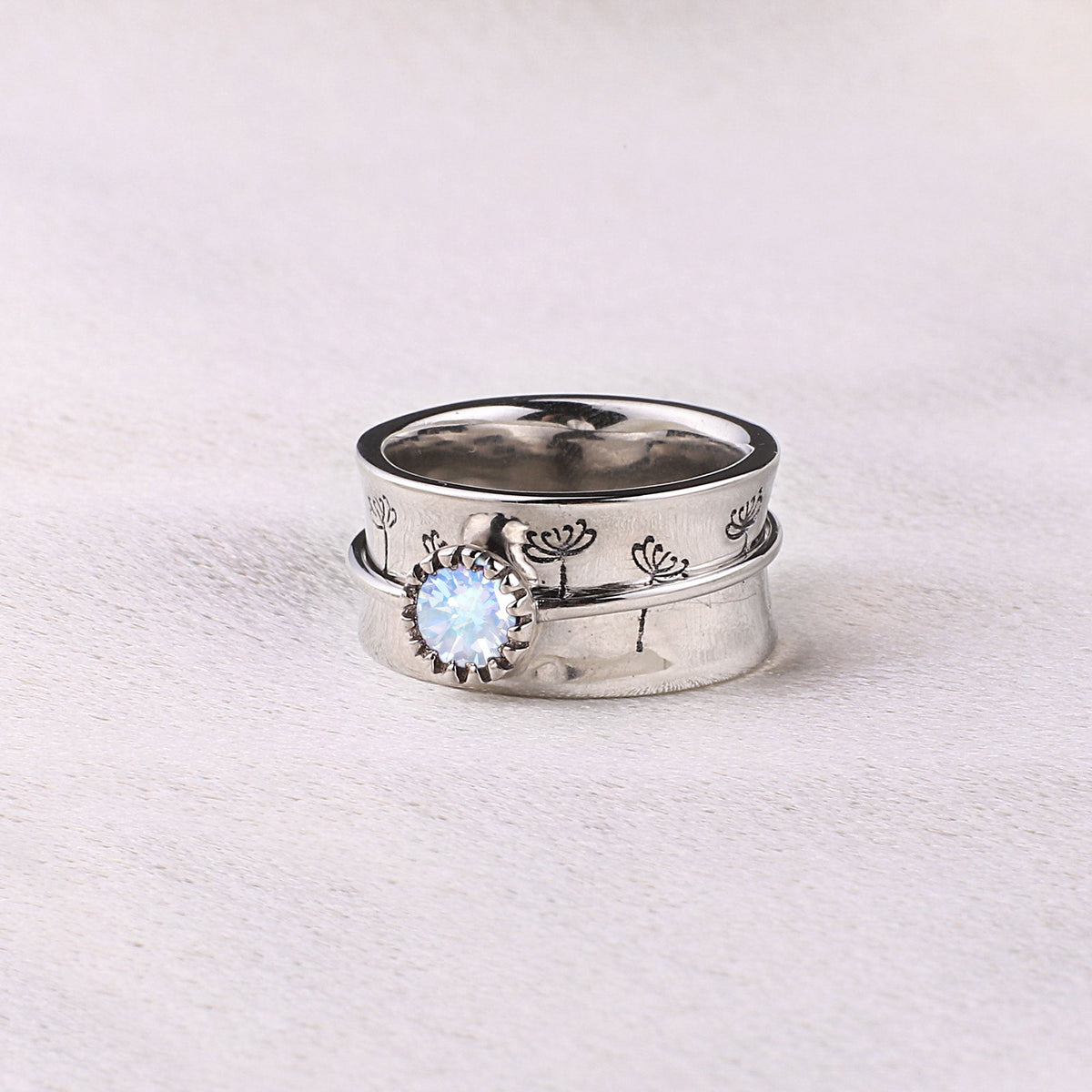 Silver Dandelion Birthstone Spinning Fidget Ring with June birthstone