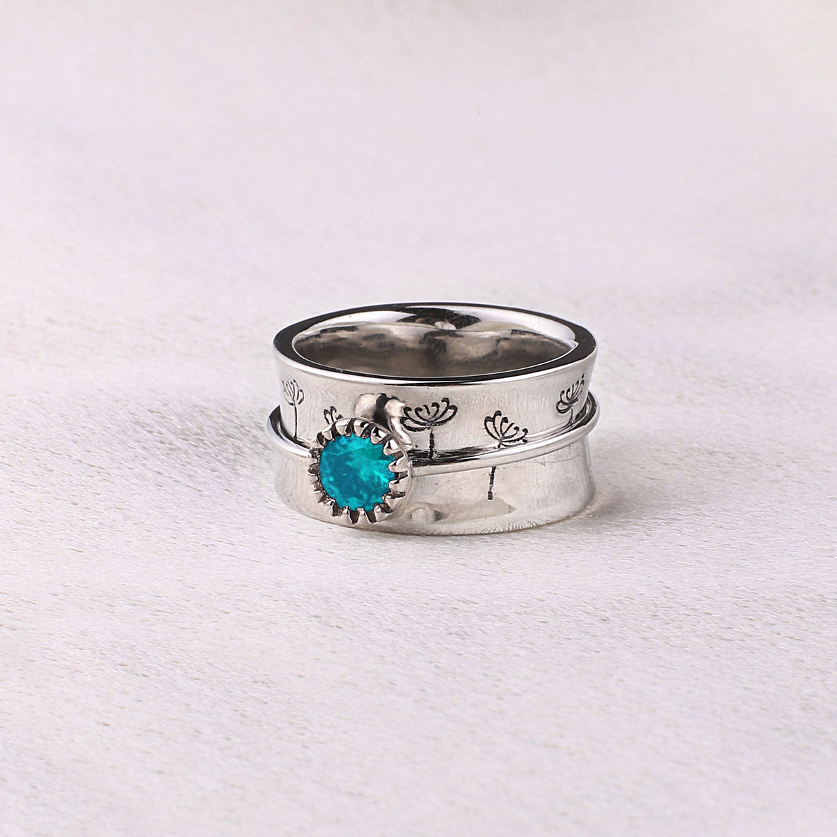 Silver Dandelion Birthstone Spinning Fidget Ring with March birthstone