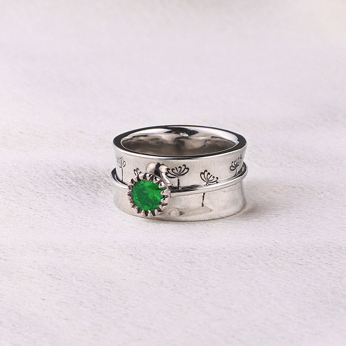 Silver Dandelion Birthstone Spinning Fidget Ring with May birthstone