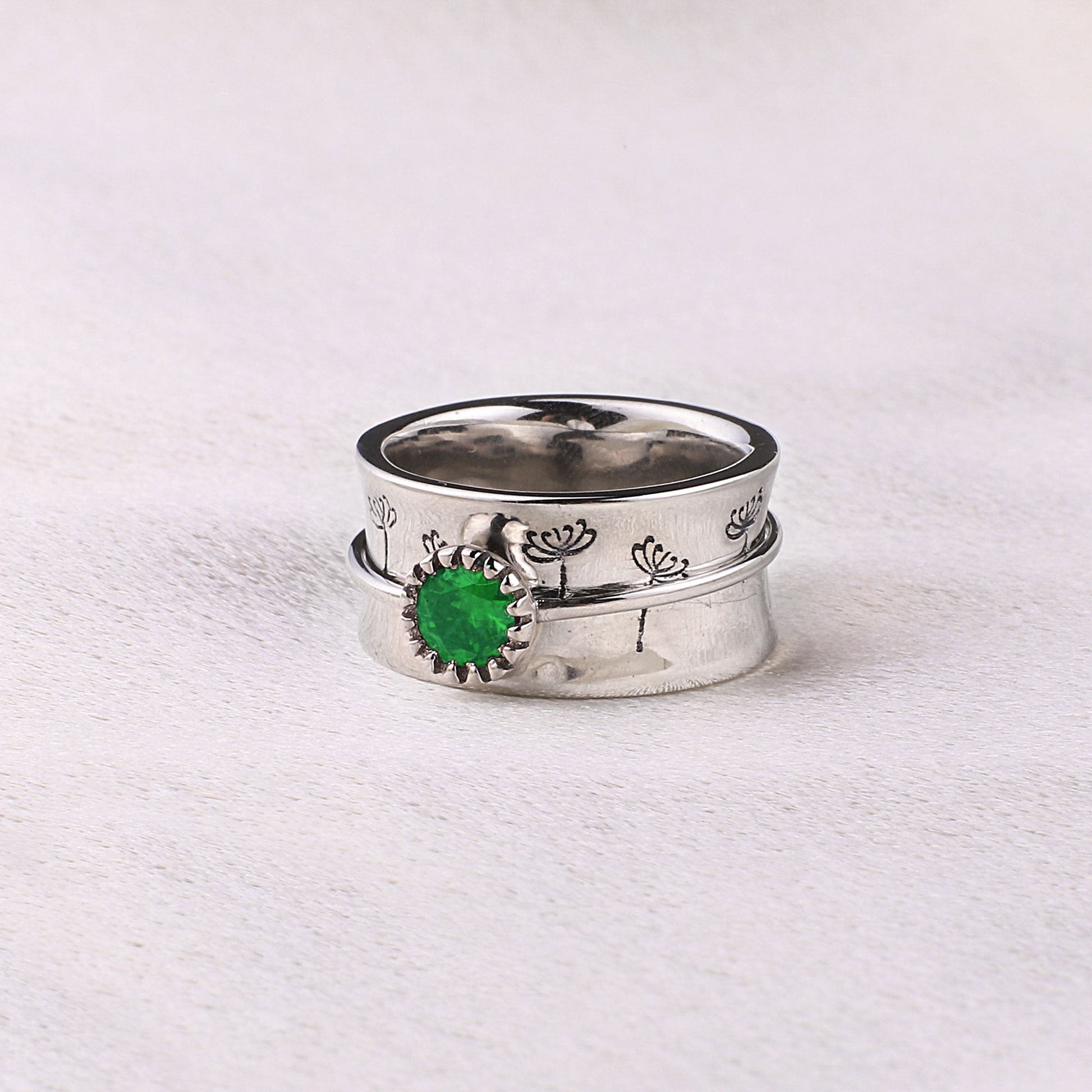 Silver Dandelion Birthstone Spinning Fidget Ring with May birthstone