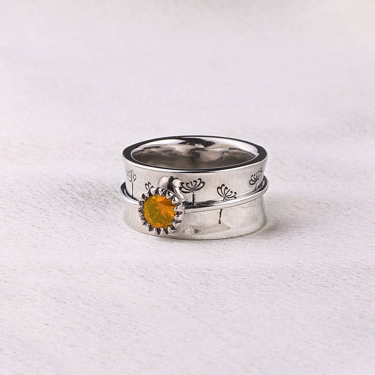 Silver Dandelion Birthstone Spinning Fidget Ring with November birthstone