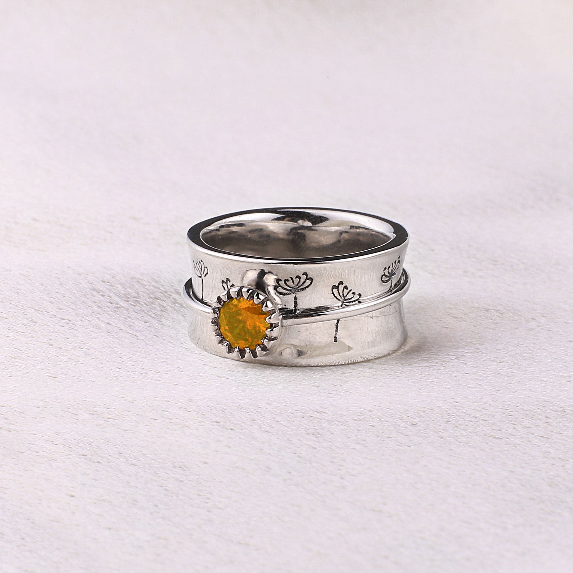 Silver Dandelion Birthstone Spinning Fidget Ring with November birthstone