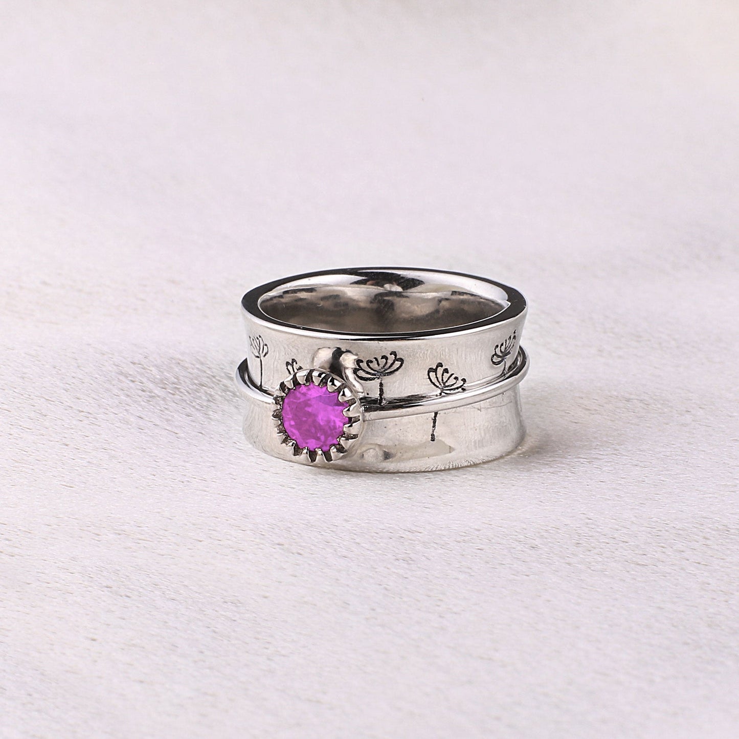 Silver Dandelion Birthstone Spinning Fidget Ring with October birthstone
