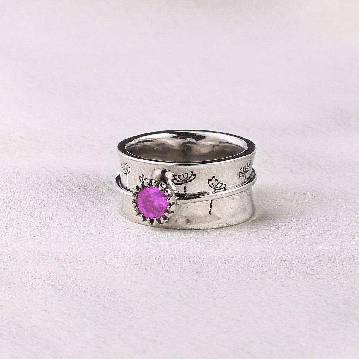 Silver Dandelion Birthstone Spinning Fidget Ring with October birthstone