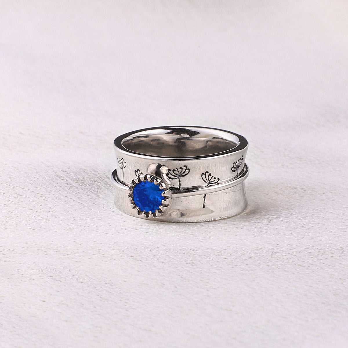 Silver Dandelion Birthstone Spinning Fidget Ring with September birthstone