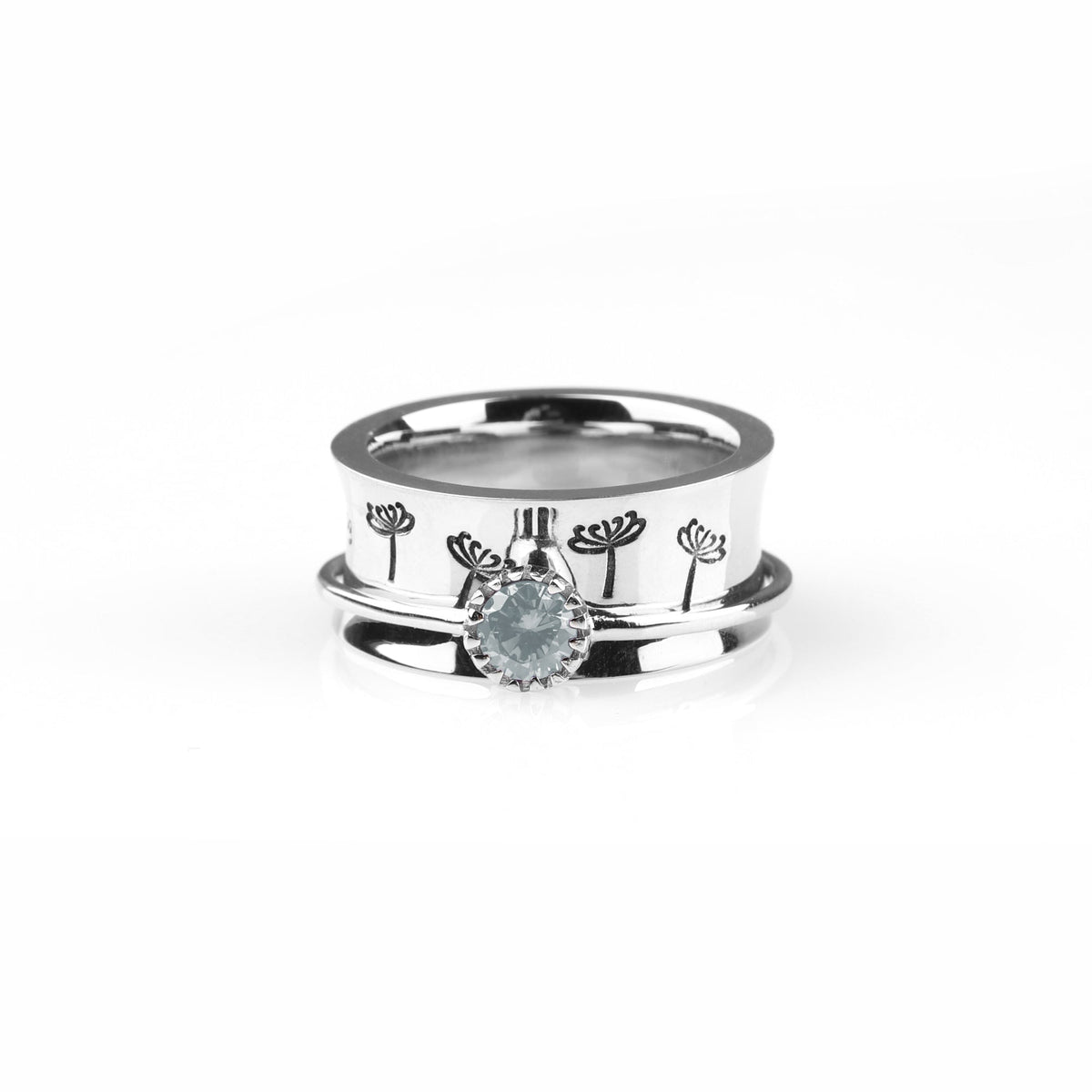 Silver Dandelion Birthstone Spinning Fidget Ring with April birthstone