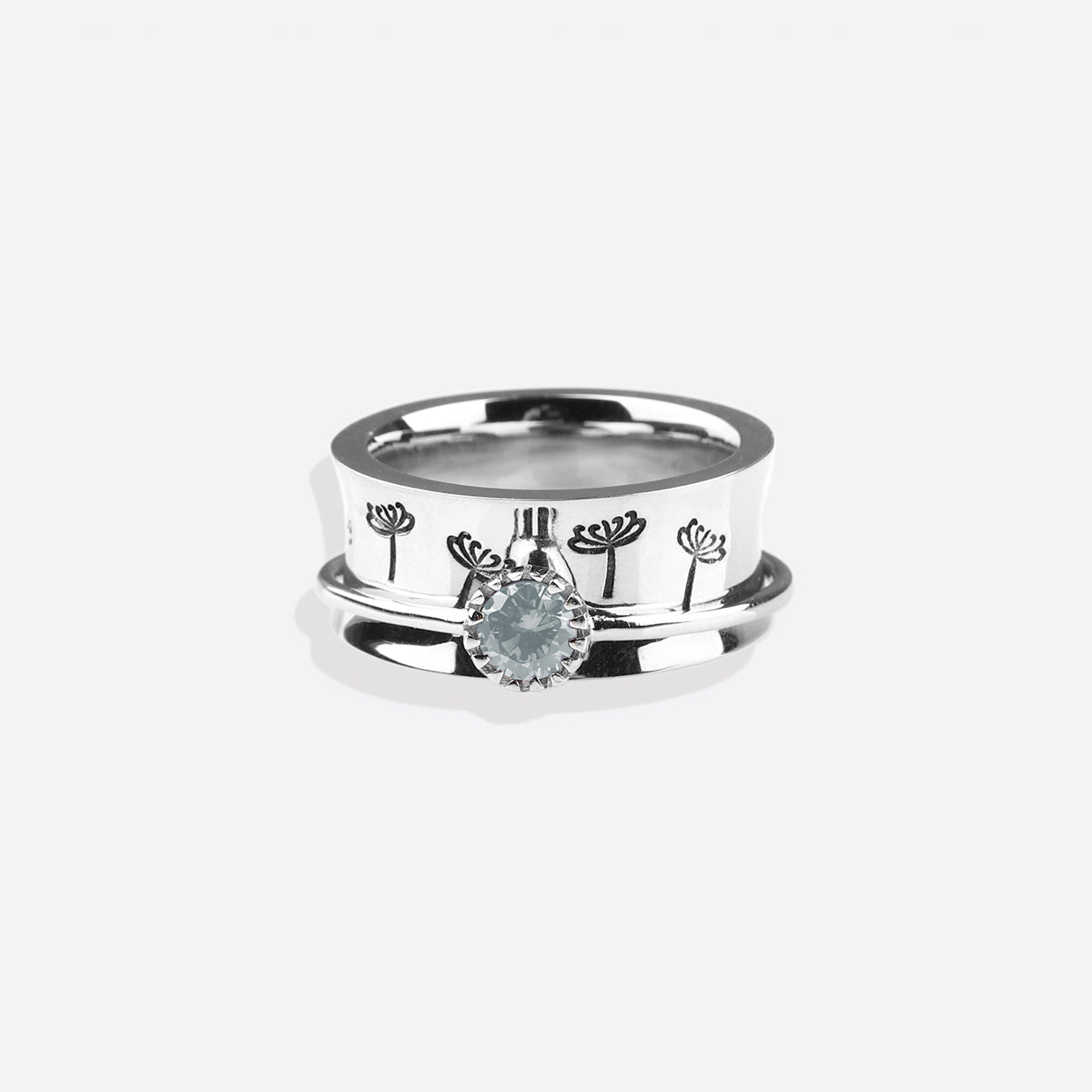 Silver Dandelion Birthstone Spinning Fidget Ring with April birthstone