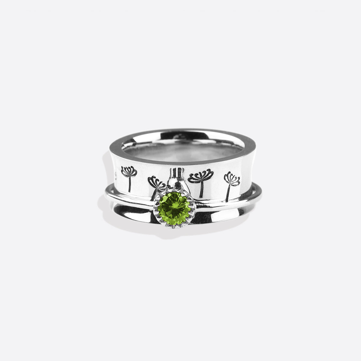 Silver Dandelion Birthstone Spinning Fidget Ring with August birthstone