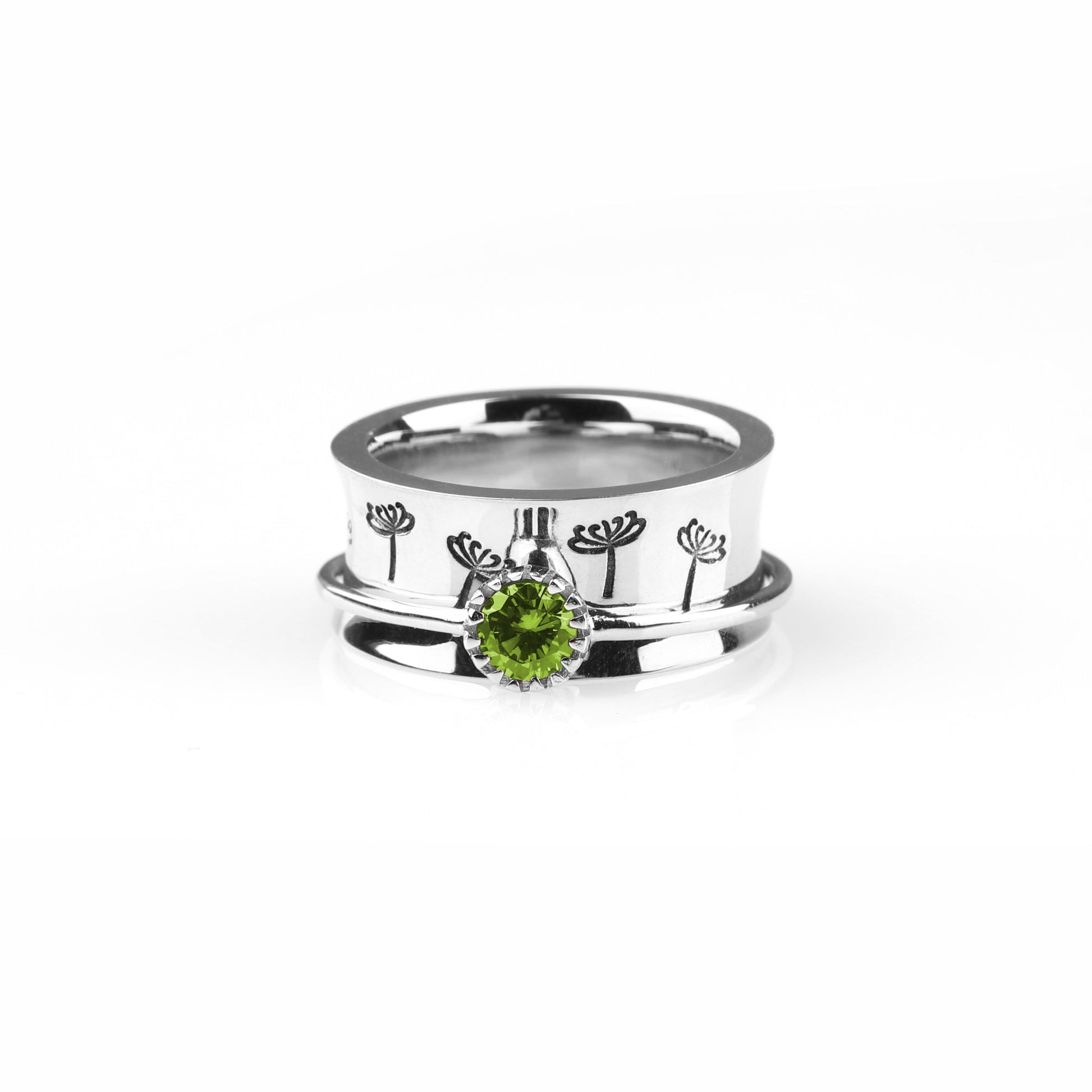 Silver Dandelion Birthstone Spinning Fidget Ring with August birthstone