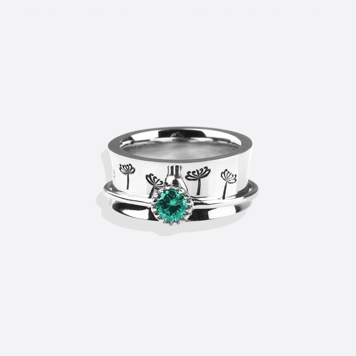 Silver Dandelion Birthstone Spinning Fidget Ring with December birthstone