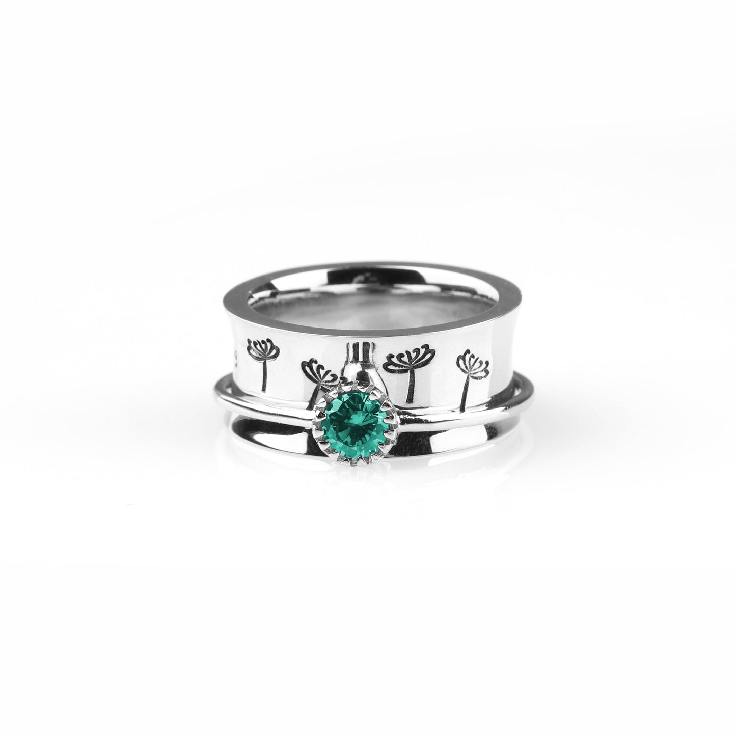 Silver Dandelion Birthstone Spinning Fidget Ring with December birthstone