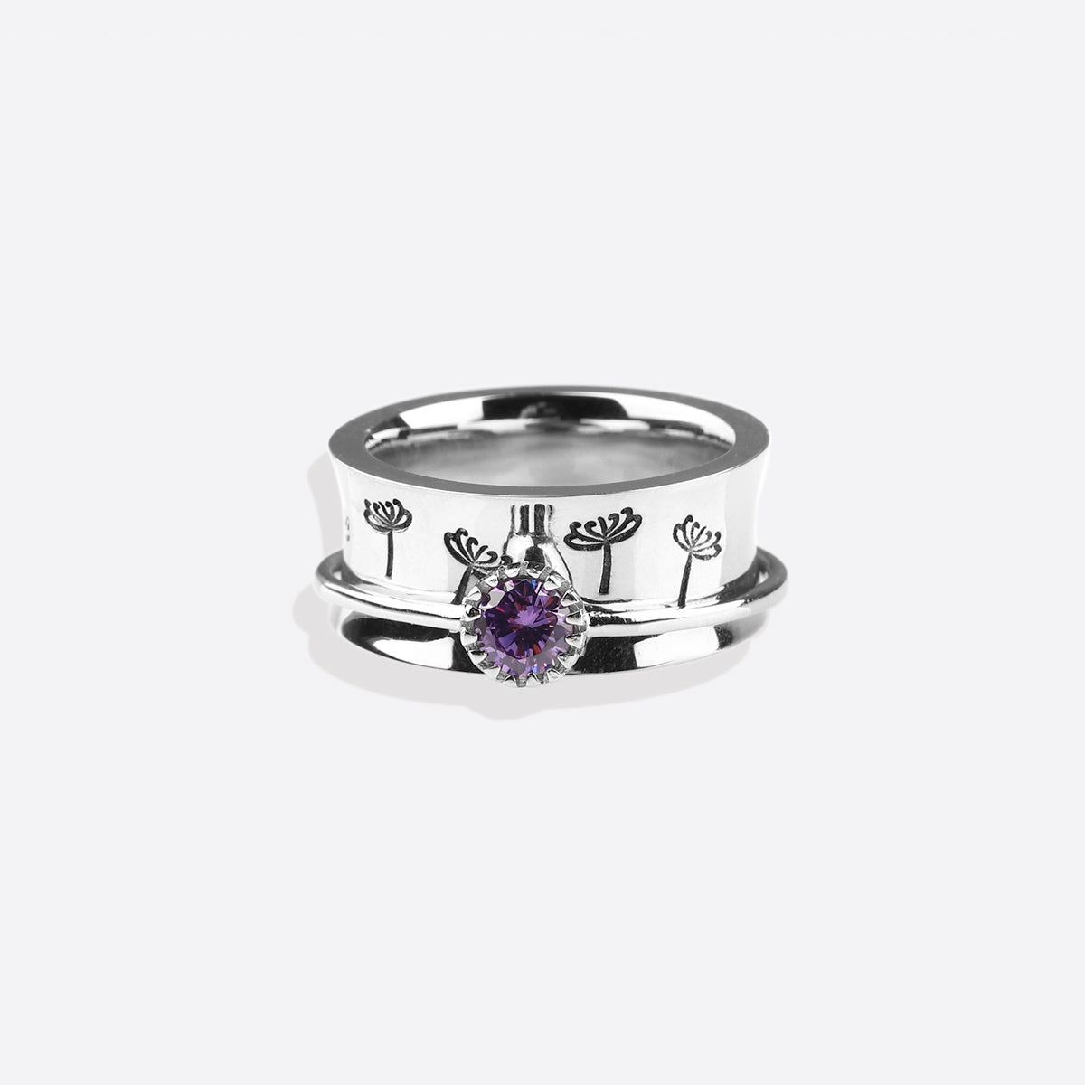 Silver Dandelion Birthstone Spinning Fidget Ring with February birthstone