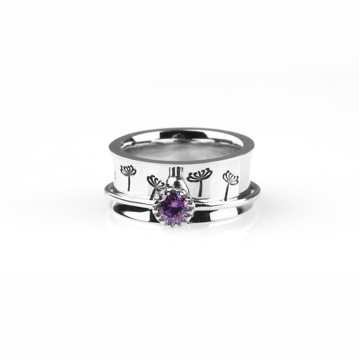 Silver Dandelion Birthstone Spinning Fidget Ring with February birthstone