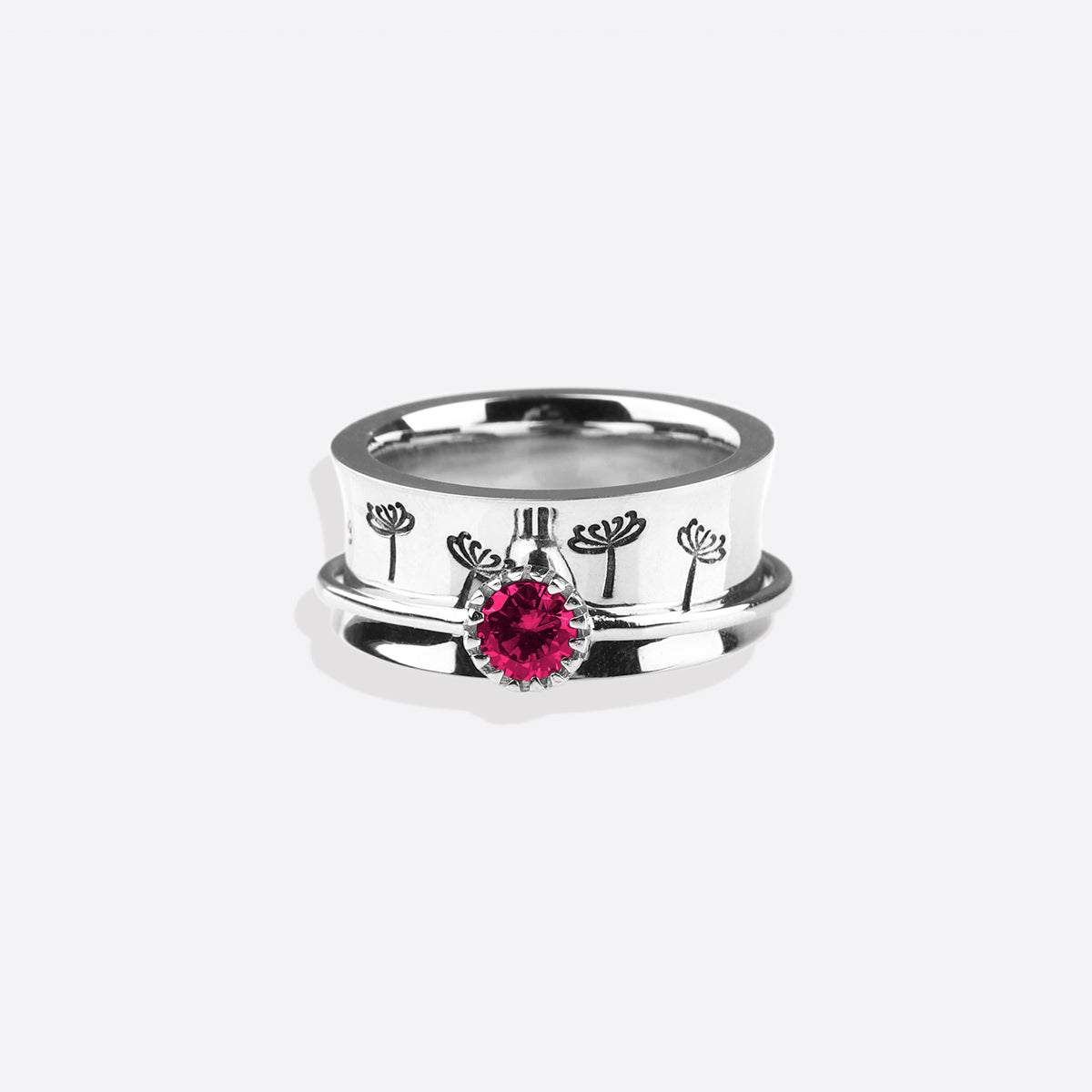 Silver Dandelion Birthstone Spinning Fidget Ring with July birthstone