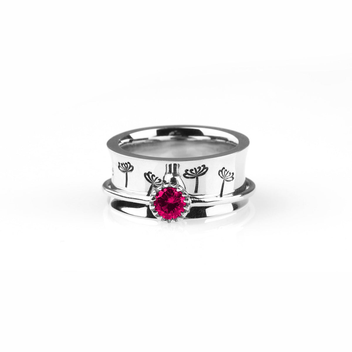 Silver Dandelion Birthstone Spinning Fidget Ring with July birthstone