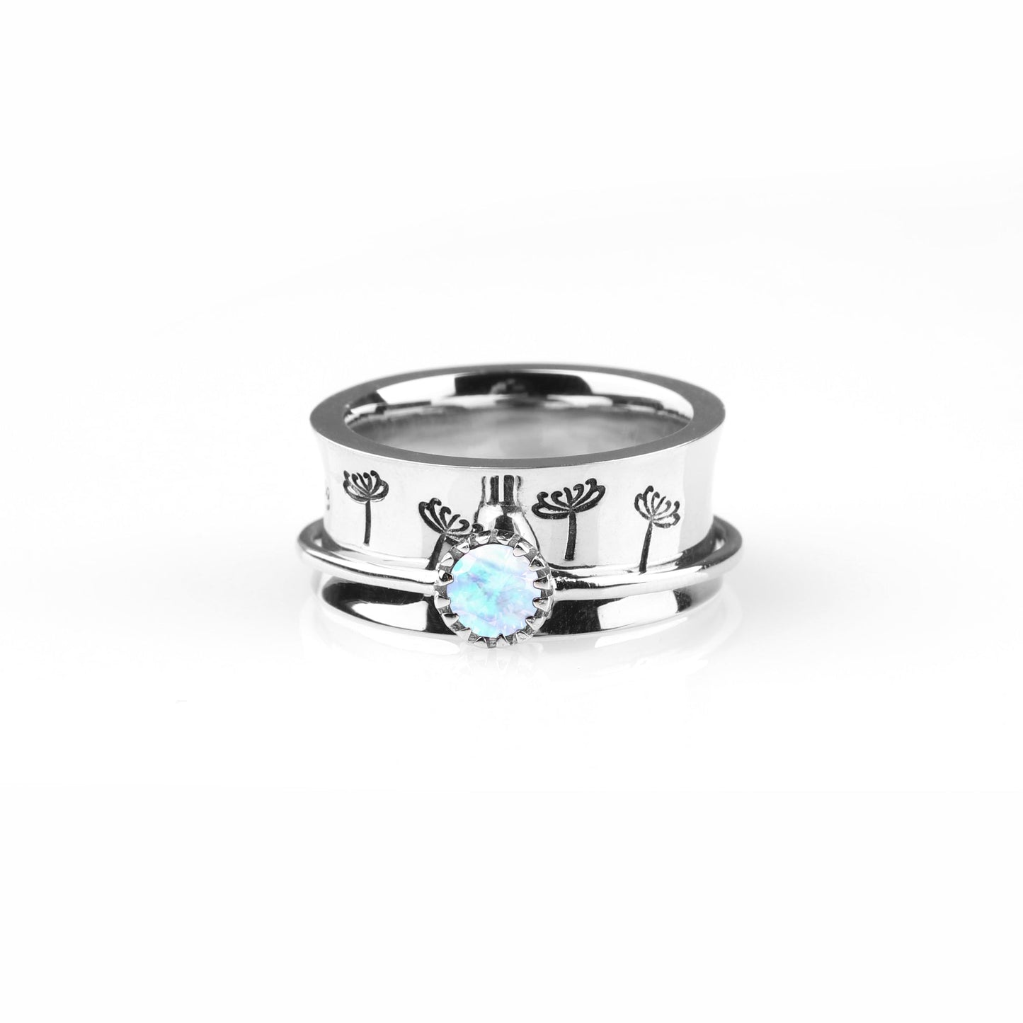 Silver Dandelion Birthstone Spinning Fidget Ring with June birthstone