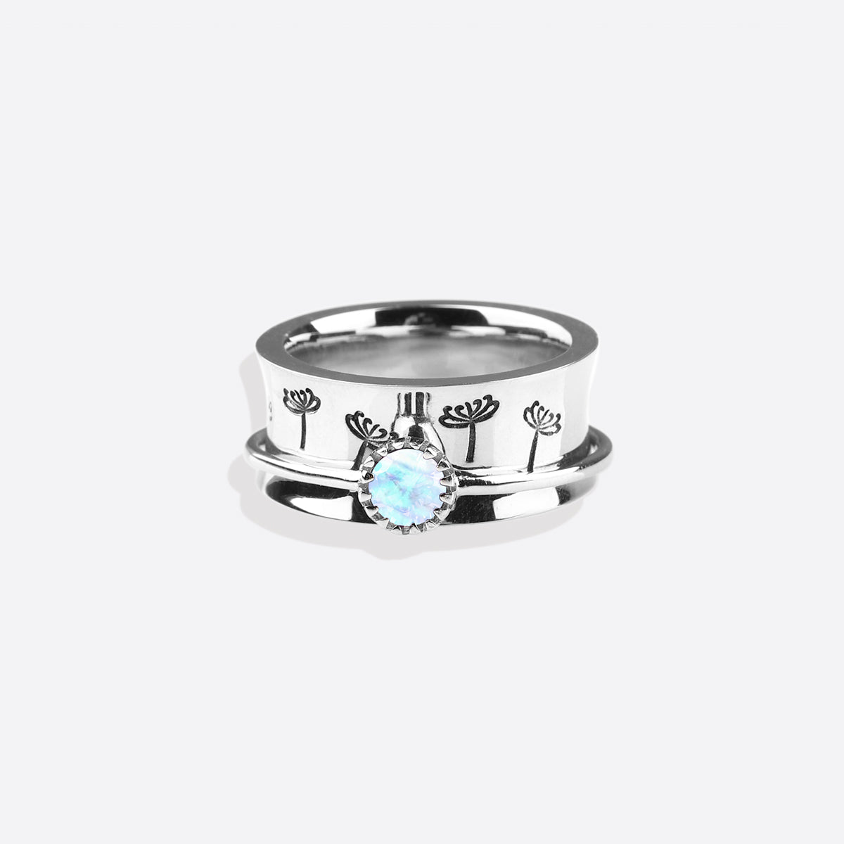 Silver Dandelion Birthstone Spinning Fidget Ring with June birthstone
