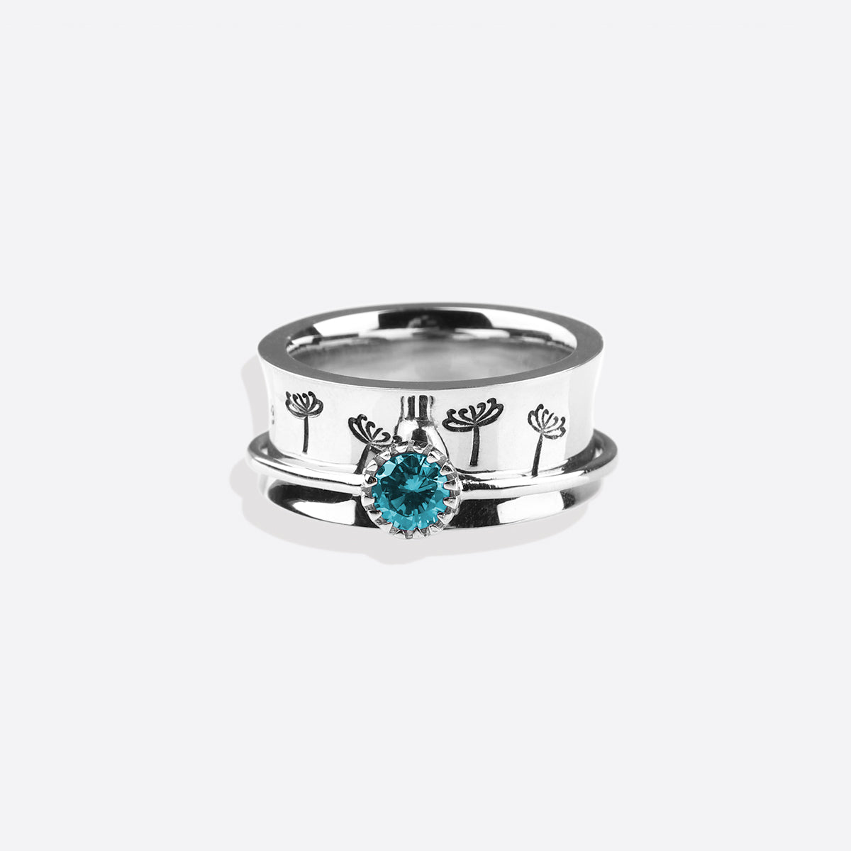 Silver Dandelion Birthstone Spinning Fidget Ring with March birthstone
